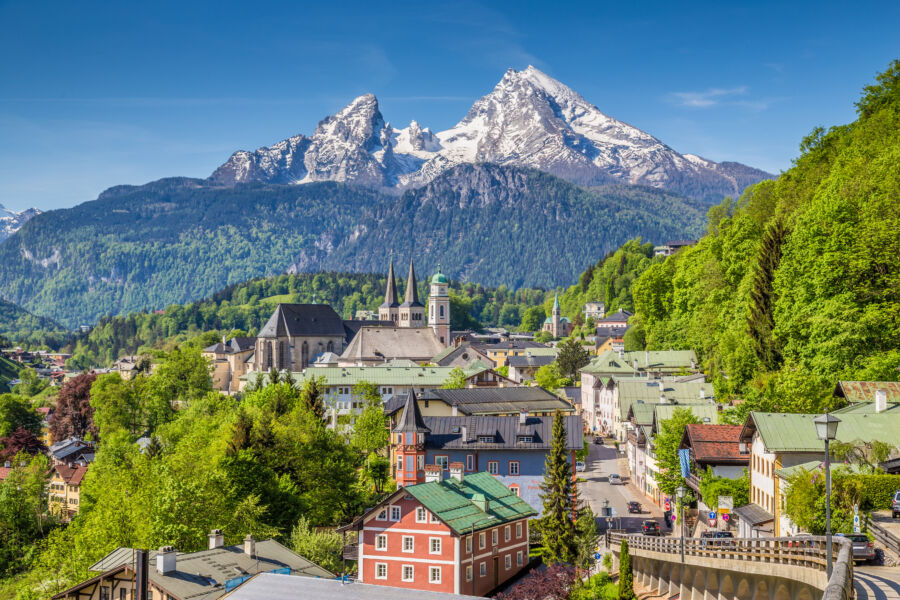 Scenic view of historic Berchtesgaden town with the Watzmann mountain in the background, located in Upper Bavaria, Germany