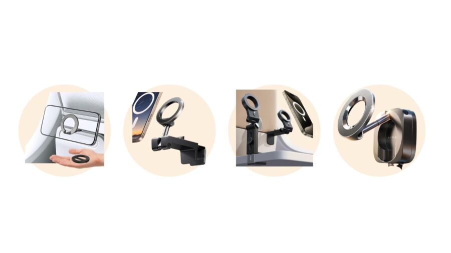 Series of images showcase a versatile smartphone holder with rotating circular grips. The holder is attached to various surfaces, highlighting its adjustability and sleek design.