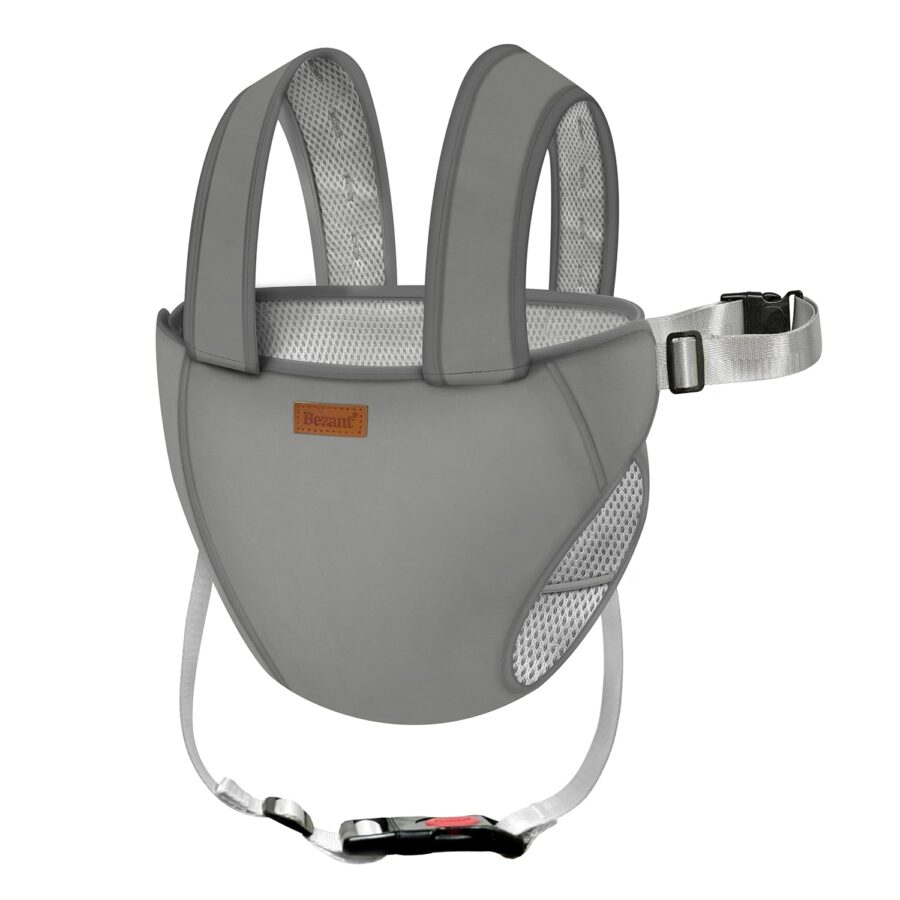 Grey fabric baby carrier with an attached strap, designed for use with Bezant Portable Travel High Chair Straps.
