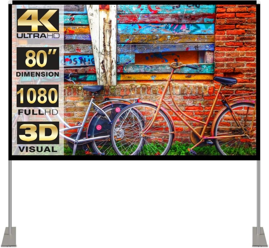 Two vintage bicycles against a colorful brick wall, promoting 80-inch 4K Ultra HD screen.