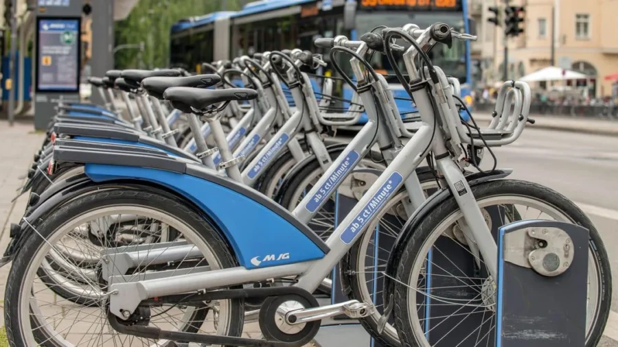 Munich bike-share docking station with row of gray and blue rental bicycles.