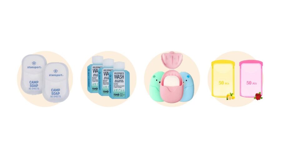 Collection of various baby products, including biodegradable travel-size shampoo sheets for eco-friendly care.