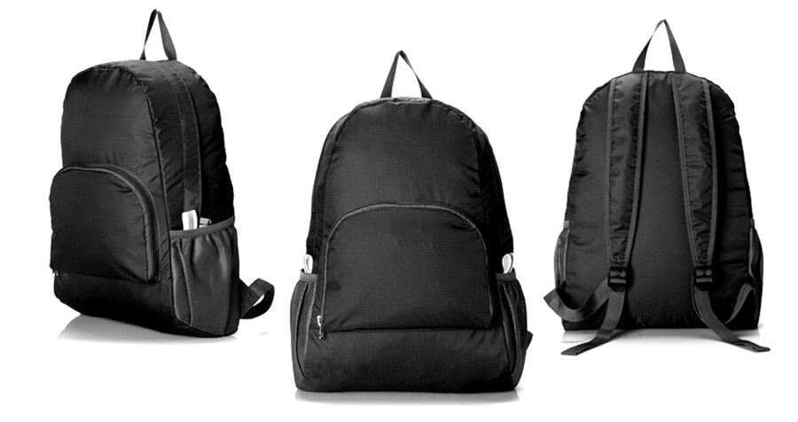 Black foldable daypack backpack front, side, and back views for commuting.