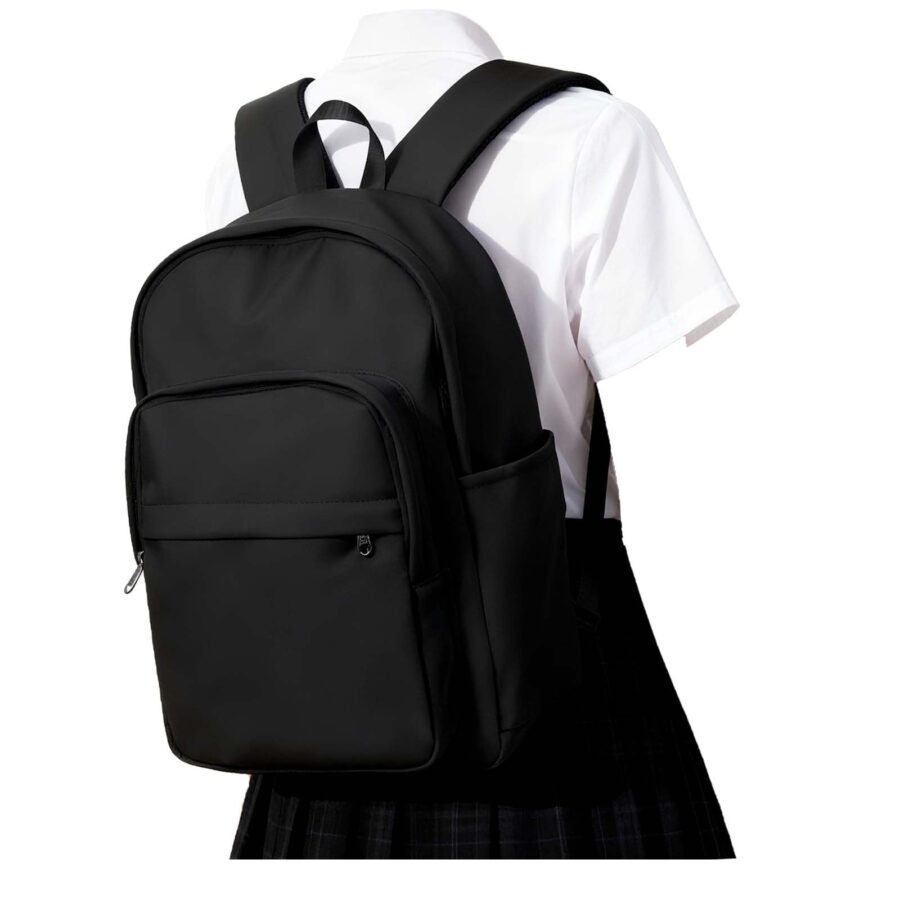 Black minimalist school commuter backpack with padded straps and zippered compartments.