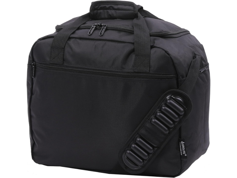 Black duffel bag with durable fabric and multiple compartments for versatile use.
