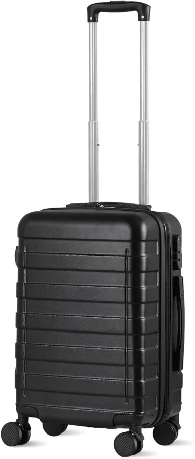 Black 21-inch hard-shell carry-on spinner with telescoping handle and four multi-directional wheels.