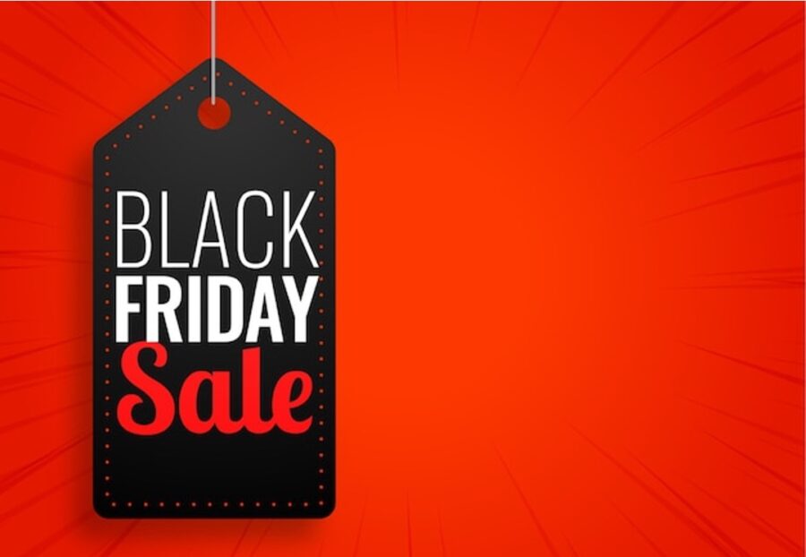 Black Friday sale tag with bold design, vibrant colors, and dynamic background.