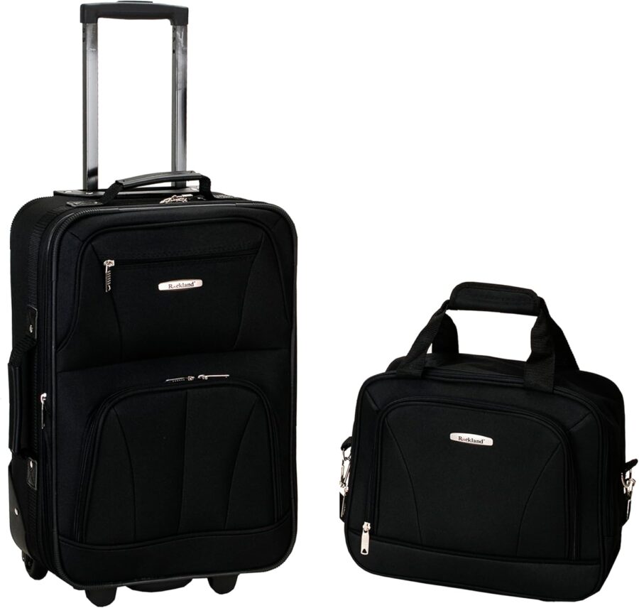 Black softside luggage set with rolling suitcase and matching carry-on bag.