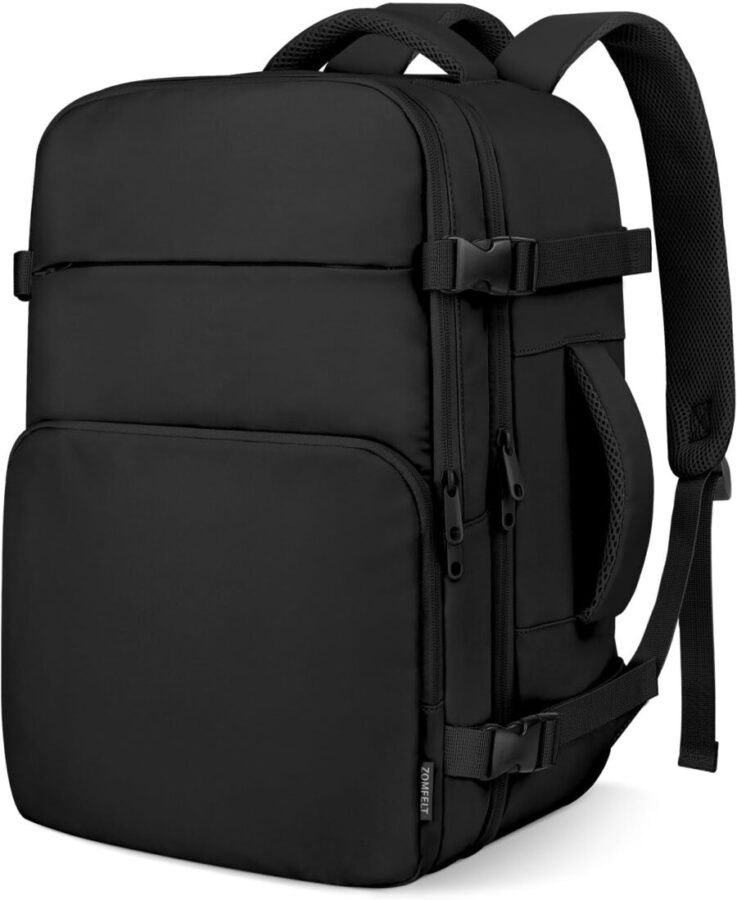 Black minimalist travel backpack for commuters, durable, structured design with multiple compartments.