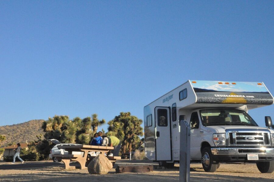 Expansive blue sky above Black Rock Campground, highlighting the natural beauty of Joshua Tree National Park, California.