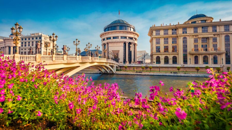 Blooming violet flowers along Vardar River in Skopje, with Art Bridge and Archaeological Museum.
