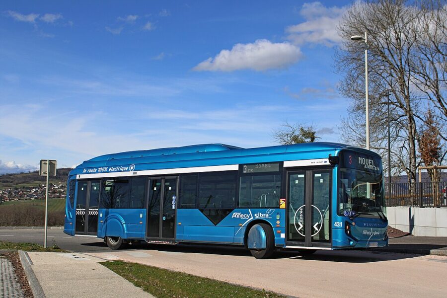 Blue 100% electric city bus Route 3 in Annecy, modern low-floor transit vehicle.