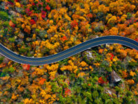 Aerial view of the Blue Ridge Parkway in North Carolina, showcasing vibrant fall colors along the winding road.