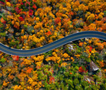 Aerial view of the Blue Ridge Parkway in North Carolina, showcasing vibrant fall colors along the winding road.