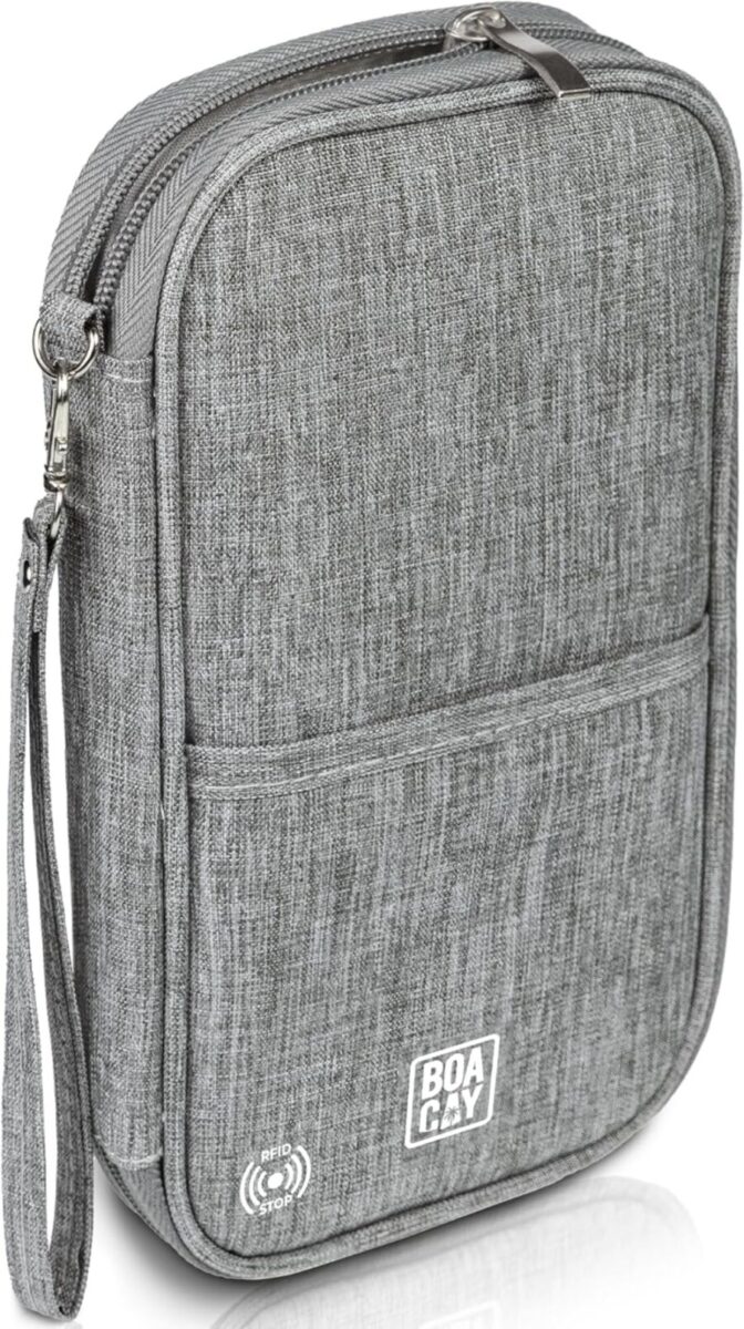 Grey BOACAY travel bag featuring a side zipper, designed for organization and convenience during travel.