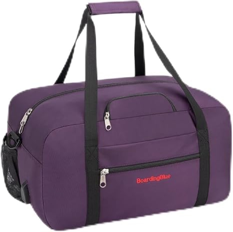 Purple duffel bag featuring the Boardingblue logo, designed with a pillow and USB port for convenience.