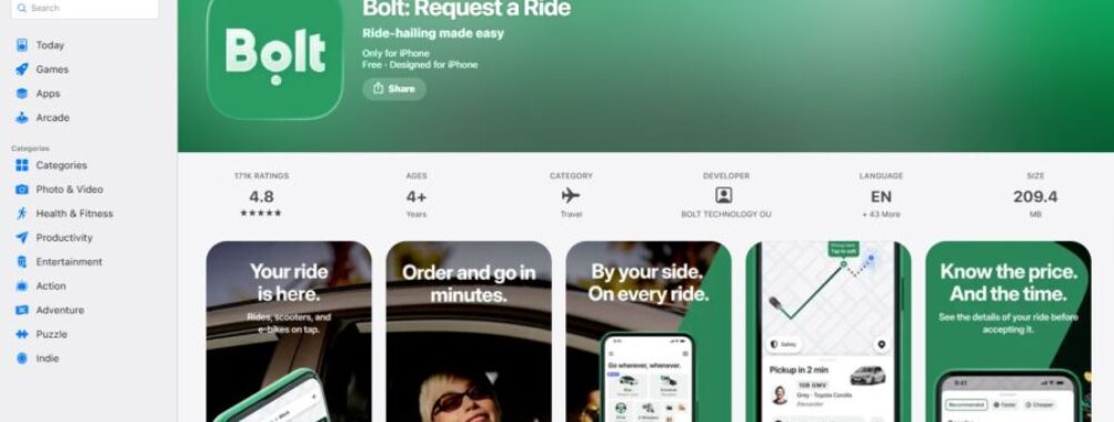 The App Store displays the Bolt app, highlighting the Bolt App interface and features.