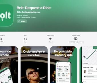 The App Store displays the Bolt app, highlighting the Bolt App interface and features.