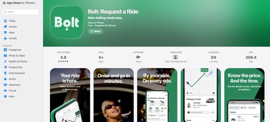 The App Store displays the Bolt app, highlighting the Bolt App interface and features.