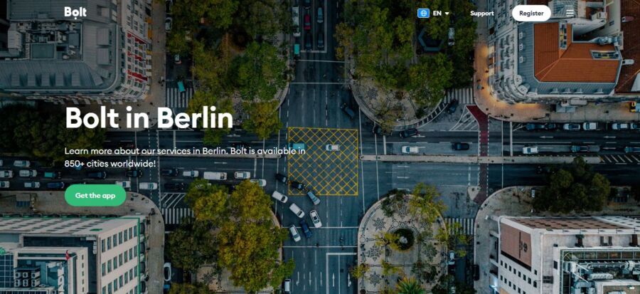 Visual of the Bolt Berlin website displaying the main page with service details, user interface, and colorful graphics.