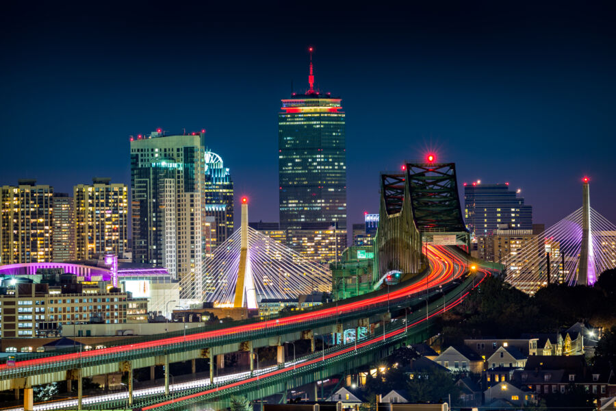 Evening traffic on Tobin Bridge, showcasing the Boston skyline