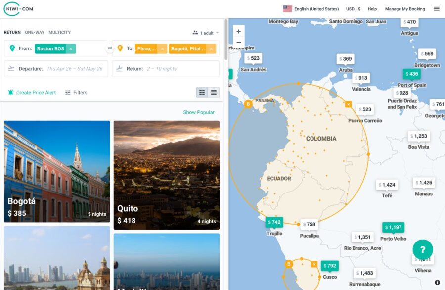 Boston to South America flight booking on Kiwi.com with Bogotá and Quito options.