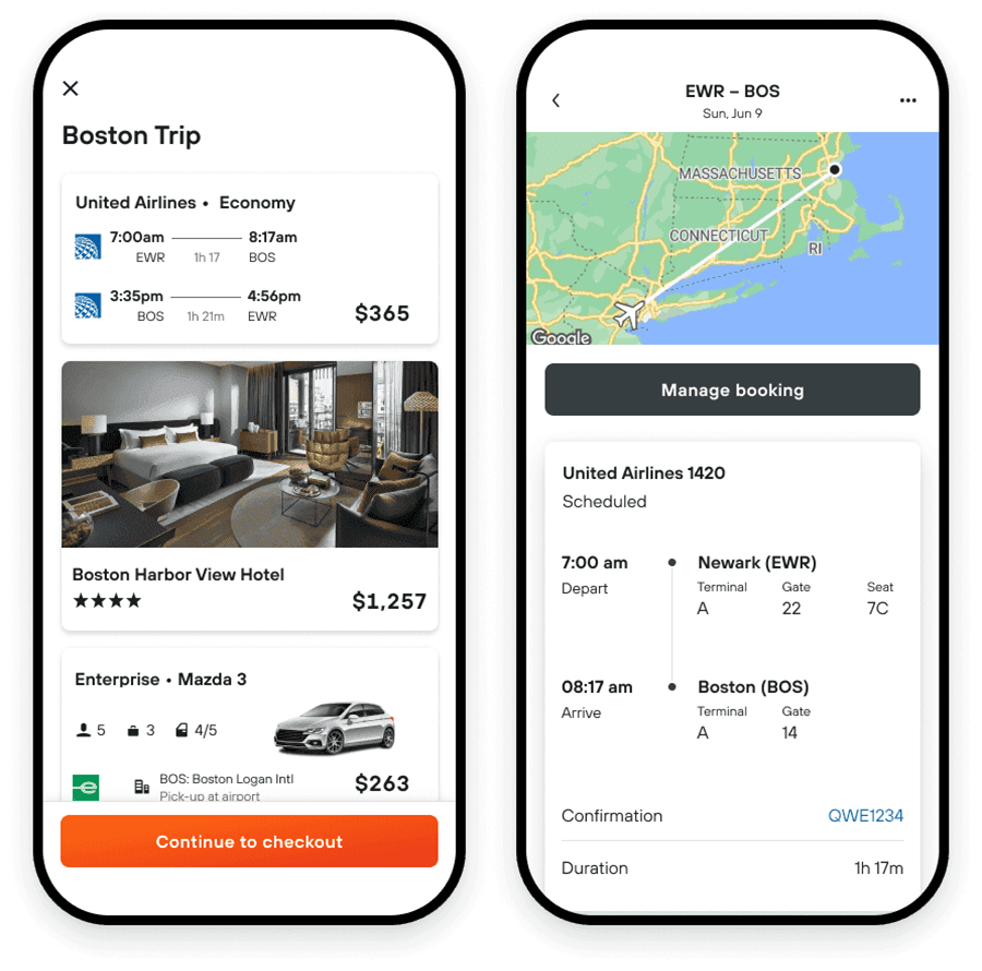 Boston trip planner app showcasing flights, hotel, car rental, and map route details.