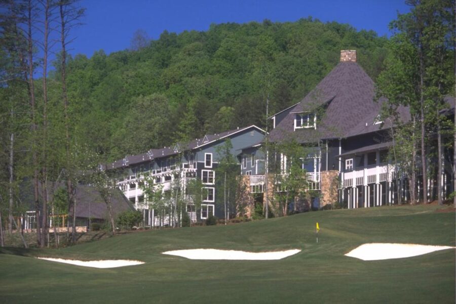 Exterior view of the lodge at Brasstown Valley Resort & Spa, nestled in the scenic mountains of Atlanta.