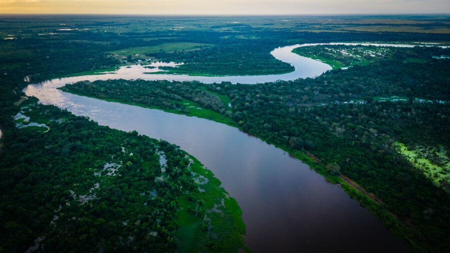 aerial view of pantanal wetland Brazil with jungle forest stream river at sunset