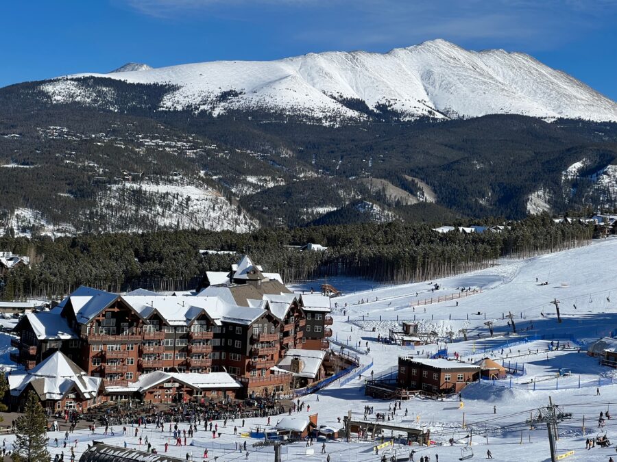 Top-down view of the Base Ski Lodge at Peak 8, surrounded by a breathtaking winter landscape at Breckenridge Ski Resort
