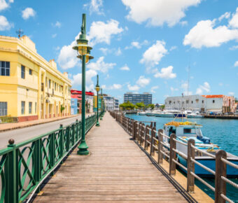 Scenic promenade along the marina in Bridgetown, Barbados, featuring palm trees and boats in the harbor