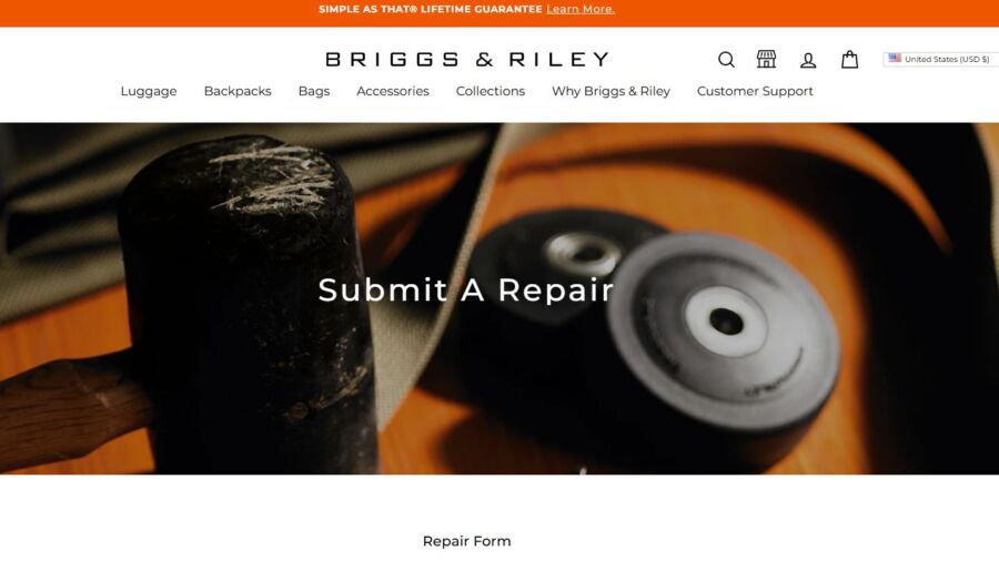 Website design for Briggs & Riley, featuring a modern layout and user-friendly navigation for their repair services.