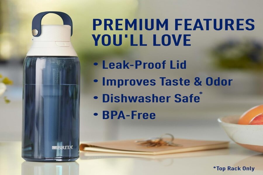 Brita water bottle with leak-proof, BPA-free design, improves taste, odor, and is dishwasher safe.