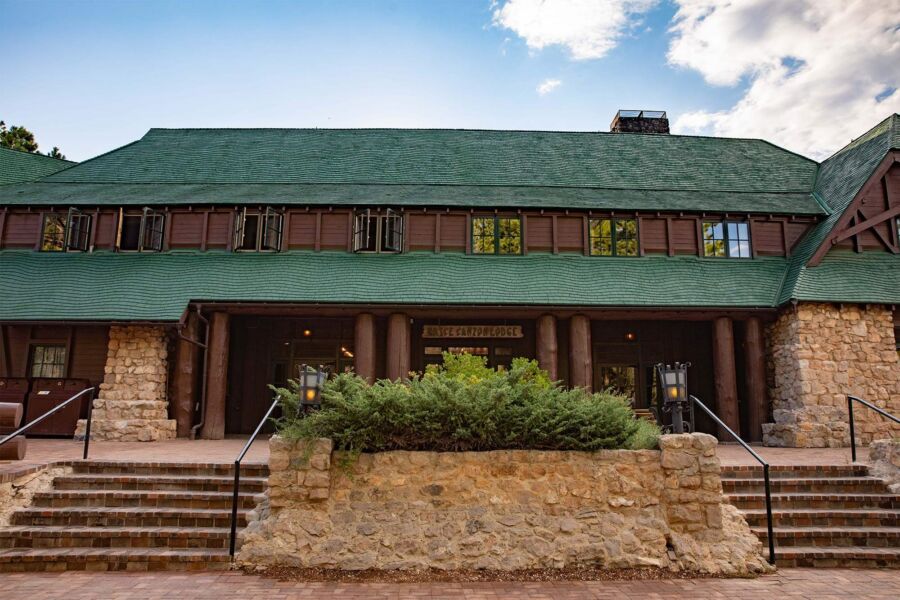 The front view of Bryce Canyon Lodge, showcasing its rustic architecture
