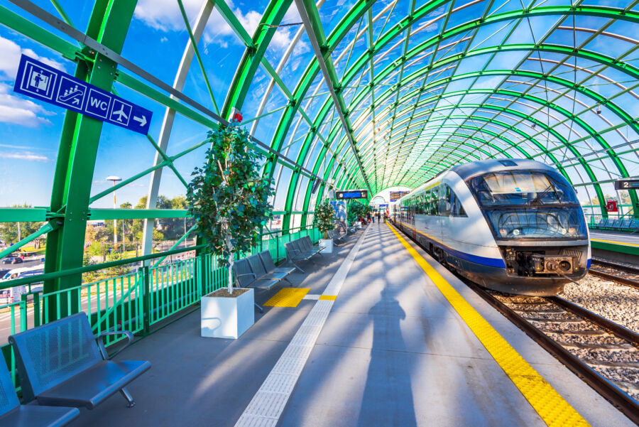 New dome architecture train station of the Henri Coanda Airport, sunny day.