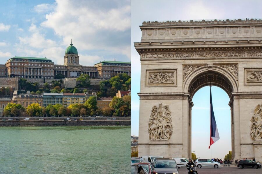 Buda Castle and Arc de Triomphe landmarks, historic architecture, Budapest, Paris, Europe.