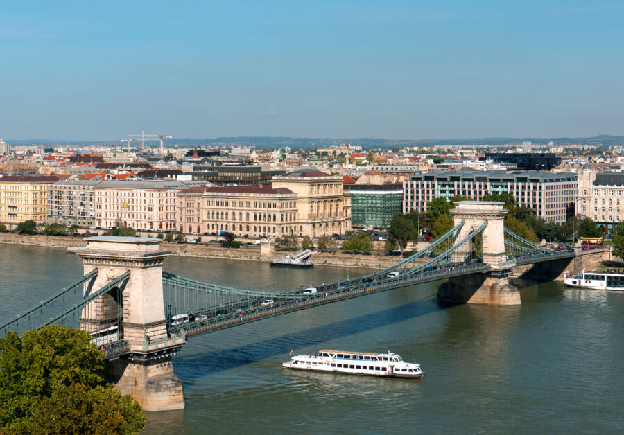 River cruise ship navigates the Danube River near Budapest's Chain Bridge