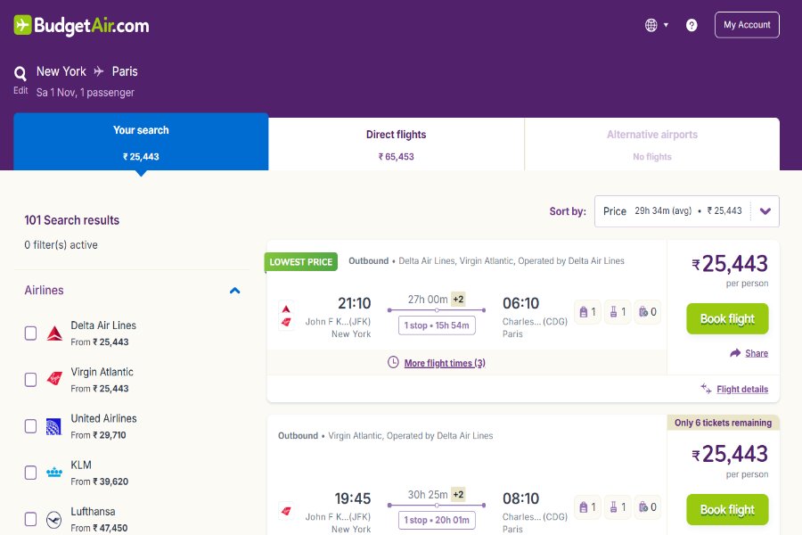 BudgetAir flight search results New York to Paris cheap flights ₹25,443 per person.
