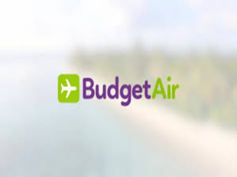 BudgetAir logo with green airplane badge and purple-green wordmark over blurred beach background.