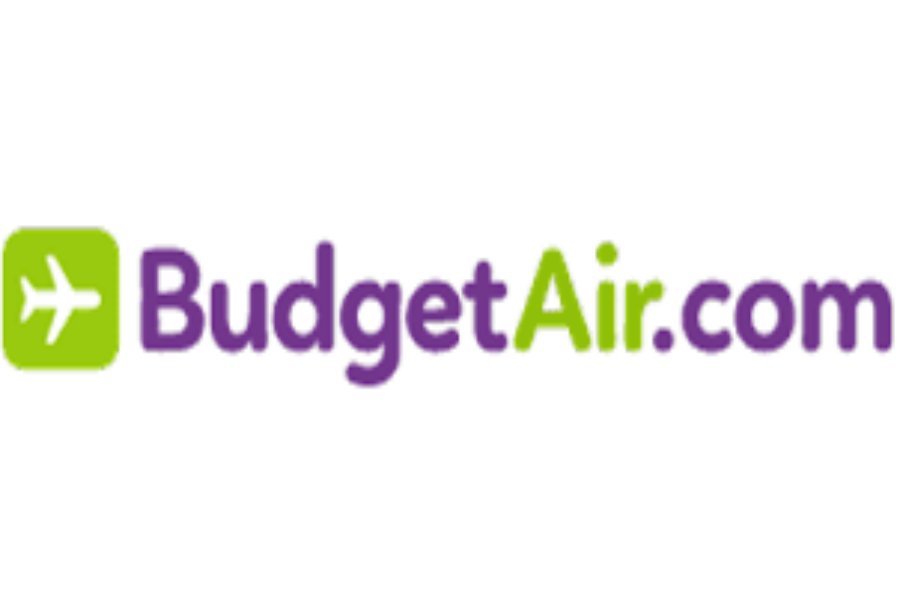 BudgetAir logo with green airplane icon and purple-green wordmark, cheap flights.