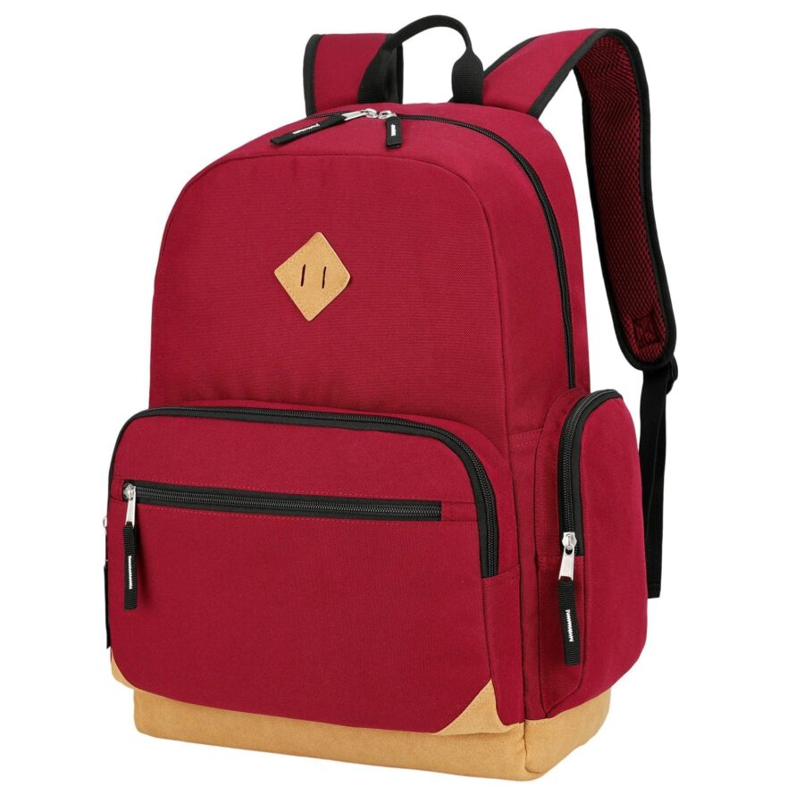 Burgundy canvas school backpack with tan suede base and multiple zip pockets.