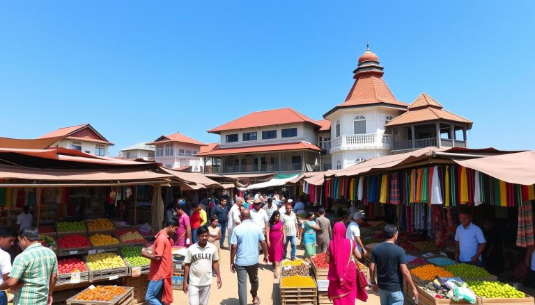 Bustling market scene with colorful produce, lively interactions, and charming architecture.
