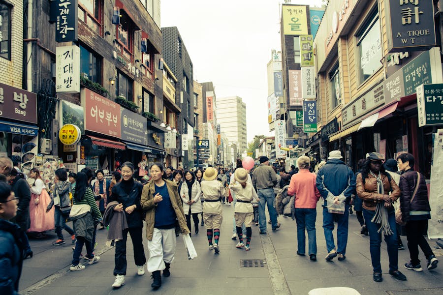 Bustling Korean shopping district with diverse korean culture