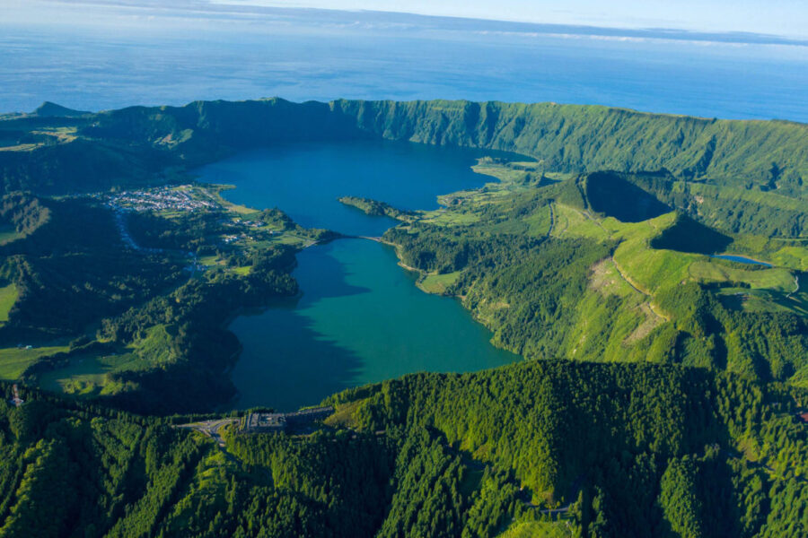 Aerial view of Sete Cidades volcanic caldera and twin lakes, São Miguel Azores.