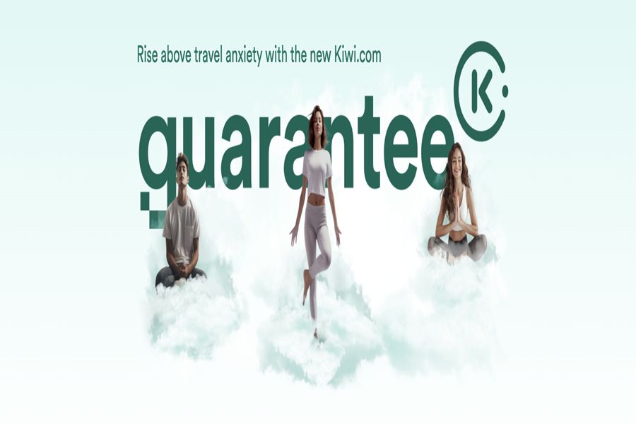 Travel anxiety relief with Kiwi.coms guarantee: serene cloud setting with relaxed travelers.