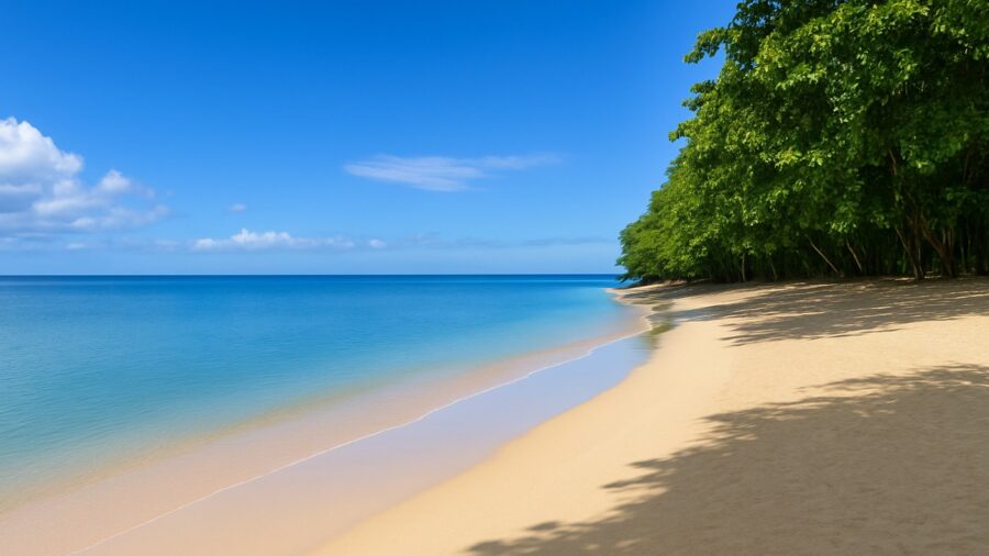 Mamangal Beach panoramic calm tropical shoreline with turquoise water and white sand.