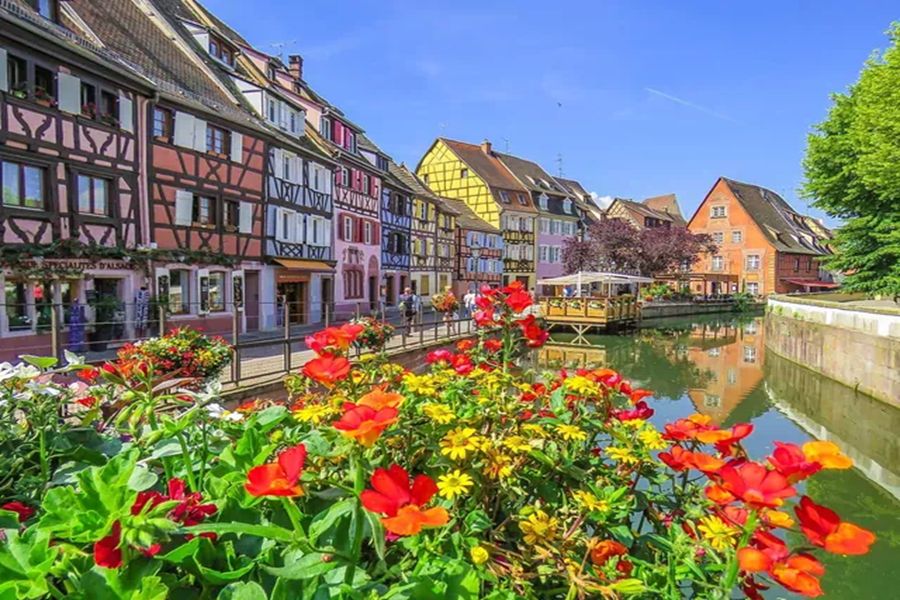 Giethoorn canal with vibrant flowers and historic half-timbered Dutch houses.
