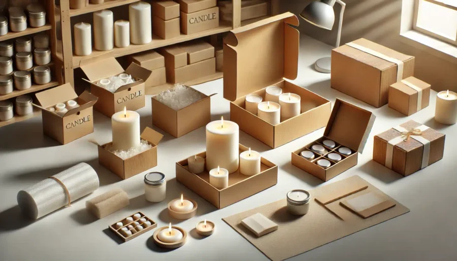 Candle display with packaging materials in an inviting workshop setting.