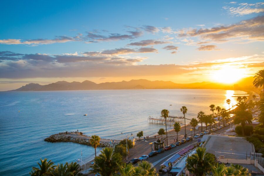Cannes bay French riviera at sunset. France.
