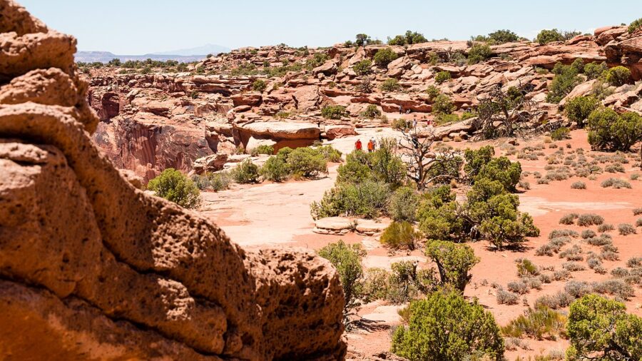 Scenic view of Canyonlands National Park, Utah, showcasing a person on horseback amidst the stunning canyon backdrop.